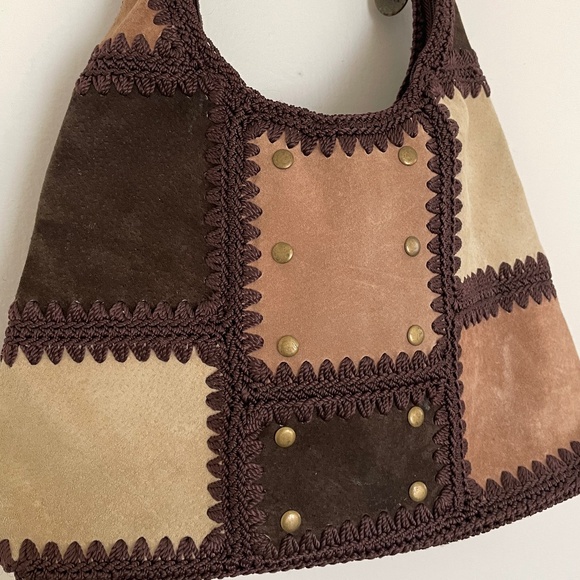 SAK Original Suede Crochet Patchwork Boho Hippie Retro Satchel - Picture 3 of 6